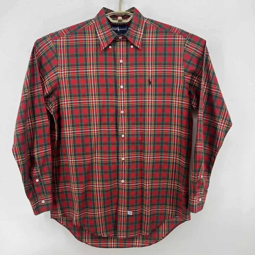 Polo Ralph Lauren Shirt Medium Classic Plaid Red Green Button Long Sleeve Pocket